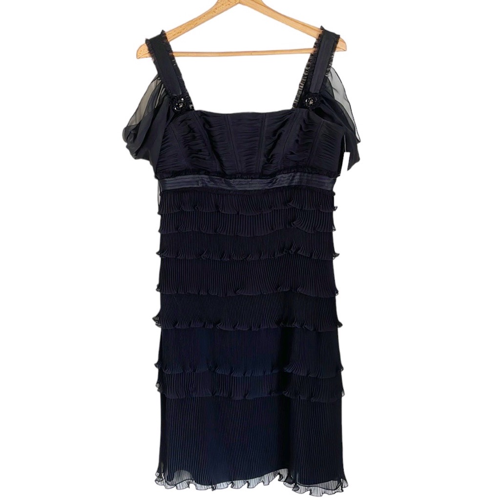 Badgley Mischka Black Tiered Ruffled Flutter Shift Cocktail Party Dress Size 10